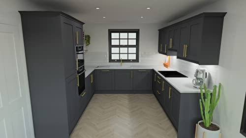 Go Kitchen Go-Shaker Graphite Grey Fitted Kitchen U Shaped & Complete Kitchen Units | Gold Kitchen Handles & Tap With Integrated Fridge & Oven Unit, 40 x 40 x 40, (GK/Go-Shaker/U/M)