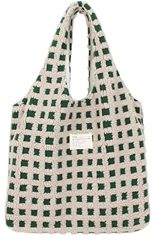 MEGAUK Damen Kuschelig Handtasche Winter Tote Bag Warme Flauschige Schultertasche Karierte Große Damentasche Karo Plüsch Shopper für Uni Arbeit Mädchen Schule