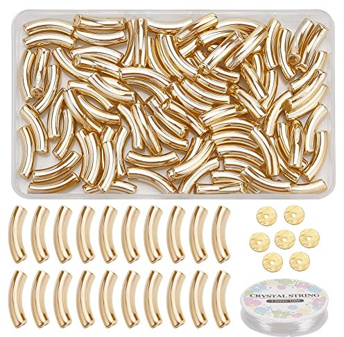 nbeads 200 Stück Acryl Gebogene Rohrperlen Kit, einschließlich 100 Stück Gold UV-Beschichtung Acryl Rohrperlen 100 Stück Messing Heishi Spacer Perlen Elastischer Kristallfaden für Schmuckherstellung