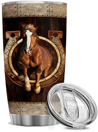 winorax Pferdebecher, Pferde-Geschenke für Damen und Herren, Holzpferd-Zeichnungen, Becher, 590 ml, Edelstahl, isolierte Tasse mit Deckel, Reiter, Geschenk für Pferde, Geburtstag, Weihnachten