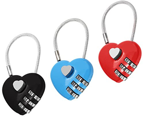 Cionyce Paquete de 3 mini candados con código de corazón, cerradura de combinación de 3 dígitos para cajas/maletas/bolsas de viaje (rojo/azul/negro)