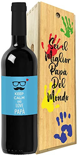 Regalo festa del papà - Bottiglia vino personalizzata e cassa legno - Idea regalo uomo, festa del Nonno, compleanno papà (Mani, Keep calm papà)