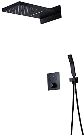 Unterputz-Thermostat-Duschsystem-Set, schwarzer 10-Zoll-Duschkopf mit handgeführtem 2-Funktions-Wasserfall Good