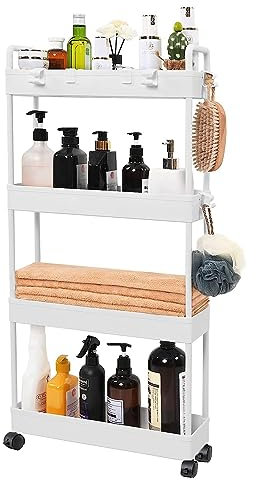 Latawon 4 Tier Slim Rolling Storage Cart,Multifunction Utility Cart Kitchen Storage Organizer,Narrow Storage Cabinet Mobile Shelving Unit for Bathroom,Kitchen,Laundry and Living Room,White,40X 92cm