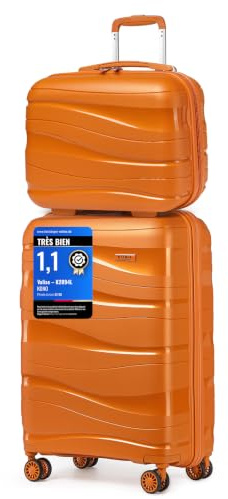 KONO Gepäckset 2-teilig Handgepäck Koffer Trolley 55cm + Kosmetikkoffer aus Polypropylen Hartschale, Koffer mit 4 Rollen und TSA Schloss (Orange)