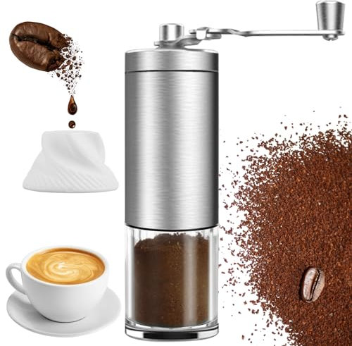 Molinillo Cafe Manual, Molinillo de café manual con mecanismo de cerámica, molinillo de café a mano, grado de molido ajustable, Molinillo Cafe Coffee grinder para todo tipo de café (acero inoxidable)