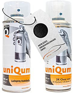 UniQum Autolack + Klarlack 2K Spraydose fürs Auto für MERCEDES OBSIDIANSCHWARZ DB197 Autolack Reparatur 2 x 400 ml