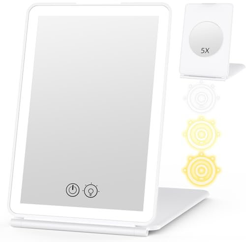 WEILY Miroir Maquillage Lumineux, 5X Miroir Grossissant Lumineux, 3 Variable Couleurs Écran Tactile Miroir LED, USB Rechargeable Miroir Coiffeuse pour Le Voyage (Blanc)