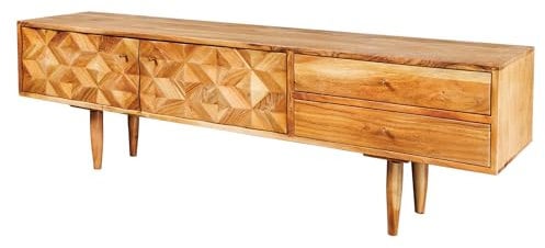 Riess Ambiente Massivholz TV Lowboard Alpine 145cm Natur Akazie Retro Design Honey Finish, massiver Fernsehschrank für Dein Wohnzimmer