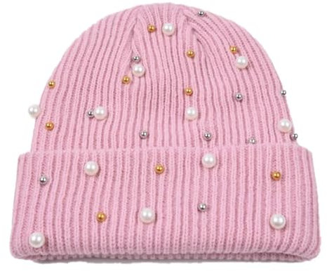 SOYNIA Mütze Beanie Hut Mütze Frauen Hut Strickkappe Mit Perlen Damen-Handschellen-Schädel Rosa
