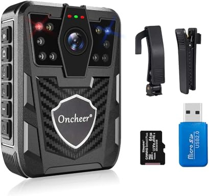 ONCHEER Cámara corporal deportiva 1080P, con tarjeta TF de 32 G, clips de hombro y cintura, cámara corporal de policía de larga duración, cámaras personales usadas en el cuerpo para las fuerzas del