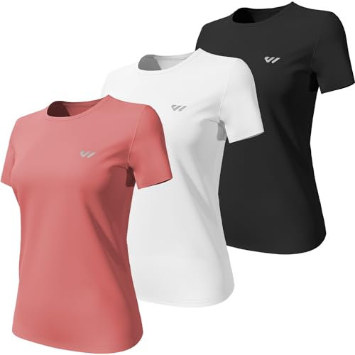 Wulibike 3 or 5er Pack Sportshirt Damen Funktionsshirt Stretch Schnelltrocknend Activewear Atmungsaktiv Laufshirt Kurzarm Fitness Wandershirt UPF 50+ Sonnenschutz Top Schwarz-Weiß-Rot S