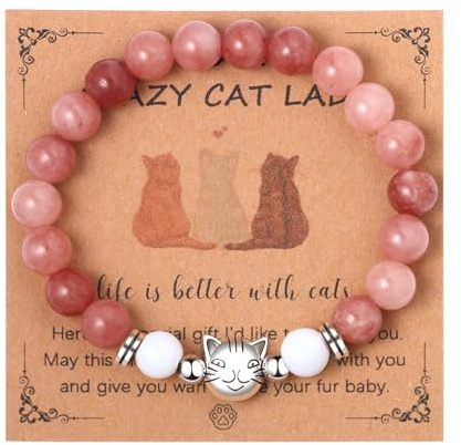 Flongo Bracelet Femme Perle Pierre: Bracelet Femme Elastique Ajustable Tête de Chat Mignon et Elégant - Cadeau Anniversaire pour les Amoureux des Chats