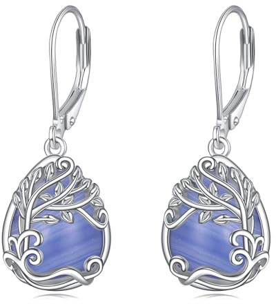 Blauer Achat Baum des Lebens Ohrringe für Damen 925 Sterling Silber Lebensbaum Tropfen Ohrringe Leverback Schmuck Geschenke