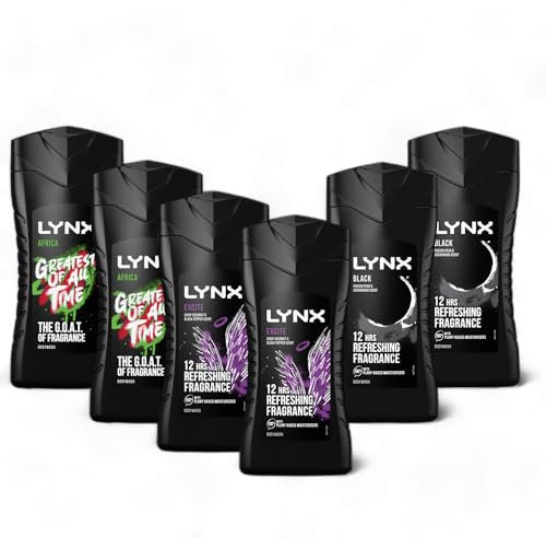 Bundle of Lynx Body wash : 2 x 225ml Lynx Africa, 2 x 225ml Lynx Excite, 2 x 225ml Lynx Black (12hr Refreshing Fragrance with Squeezed Mandarin & Sandalwood, Crisp Coconut and Black Pepper)