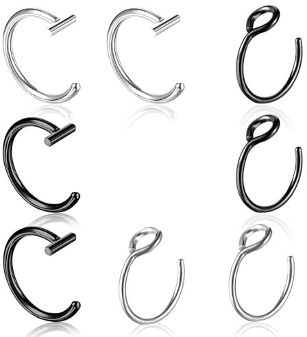 Tucnoeu 8 Stück Fake Piercing Silber Schwarz Fake Nose Ring Fake Nasenpiercing Edelstahl Fake Nasenring Nasenpiercing Fakes Ring