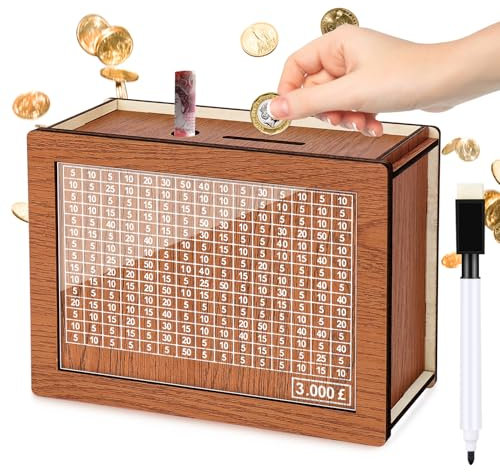 Kkluno £3,000 Cash Vault Wooden Money Saving Box Coin Counter Piggy Bank for Adults Kids Cash Saver Box with Money Target and Numbers