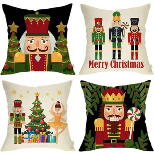 Weihnachts-kissenbezüge, 4er-Set, Frohe Weihnachten, Nussknacker, Dekorativer Kissenbezug, Weihnachtsbaum-Cartoon, Holzsoldat, Spielzeug, Veranda, Terrasse, Heimdekoration
