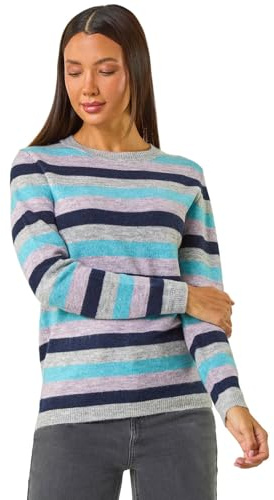 Roman Women Stripe Print Jumper Ladies Winter Autumn Knit Knitted Sweater Embroidered Knitwear Casual Smart Round Crew Neck Pull Over Everyday Going Out Party - Blue - Size 10