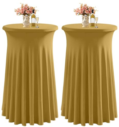 LUOZIQINX Stehtisch Hussen 80×110cm, Stretch Spandex Bistrotisch Tischrock, Runde Cocktail Tischdecke mit Rock für Party Hochzeit Banketttisch,Gold,2pcs