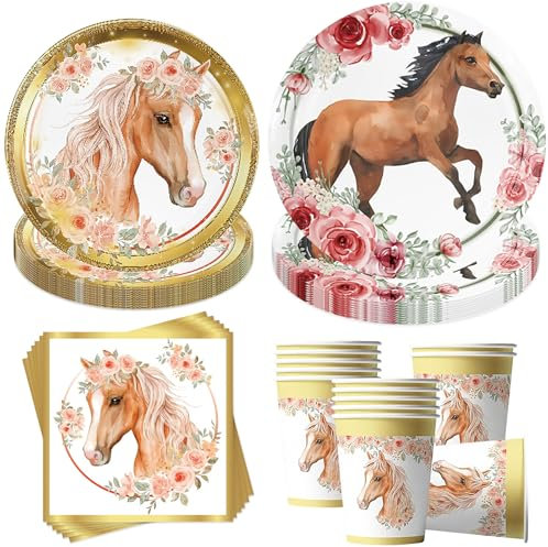 Sunshine smile 50 Stück Partyservice Pferde, Geburtstag Partygeschirr Pferde Partygeschirr Pappteller Becher Servietten Kindergeburtstag Deko Partyservice für 10 Gäste