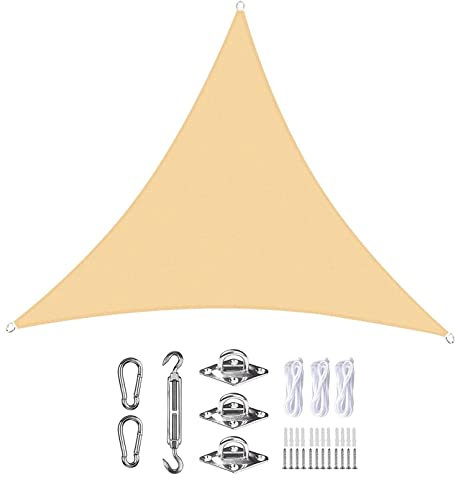 Waterproof Triangle Sun Shade Sail 2.5x2.5x2.5m Windproof & Anti UV Canopy Pergola Cover with Awning Attachment for Outdoor Party Backyard Lawn Cream Color