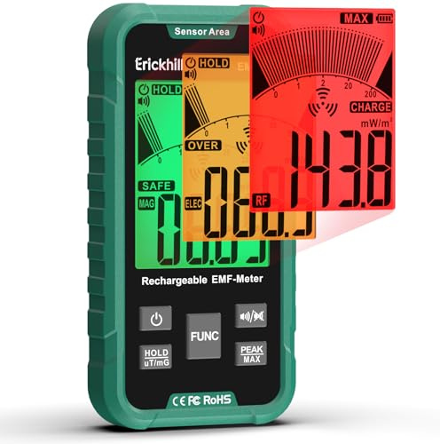 ERICKHILL EMF Detector, 3‑in‑1 Portable EMF Meter and Radiation Detector for RF, EF, MF, & WiFi Signal– EMF Reader with 3-Color Sound‑Light Alarm, Rechargeable Battery for Home, Office & Ghost Hunting