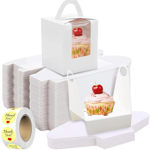 LOSYHU 100 Pack Individual Cupcake Boxes, White Single Cupcake Boxes with Window Handles Inserts, Square Paper Baking Box Cupcake Holders Containers for Birthday Party Wedding Favor Packaging