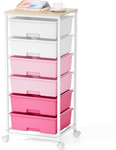6-Schubladen-Rollwagen mit Holzplatte - Starker Rollcontainer aus Rosa | Mobiler Aufbewahrungswagen für Büro, Kinderzimmer & Bastelraum - Badrollwagen mit feststellbaren Rädern