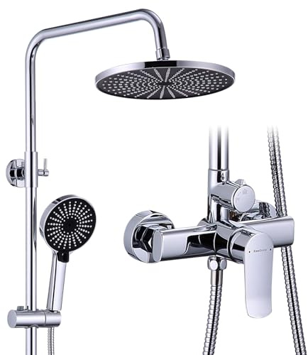 KeeGone Shower System with Faucet Stainless Steel with Adjustable Height Shower Rod 26cm Round Overhead Rainfall Shower 3 Jet Types Hand Shower Mixer Set for Bathrooms