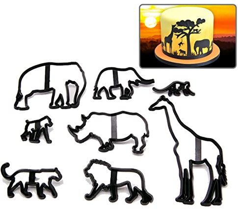 Ausstechformen-Set mit Tier-Silhouette, 8 Stück, für Fondant, Kuchendekoration, Modellierung, Backen, Kekse - Leopardenmuster, Elefant, Giraffe, Löwe - Kunststoff