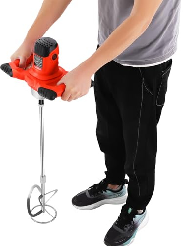 Mörtelrührer 1500W Profi, Rührwerk Beton mit 6 Geschwindigkeiten & S-Propeller - Elektrischer Betonmischer 230V für Zement, Farbe und Mörtel, Inkl. 57cm Rührstab, Rot