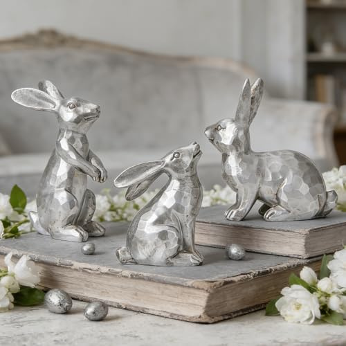 DN DECONATION Osterdeko Osterhasen Figuren, Osterhase Deko Set 3 Stück, Antik Silber Harz Hasen, Vintage Frühjahrsdeko Tisch Innen Deko, Oster Dekoration Geschenk Skulptur