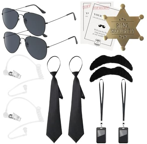 RAOPNHS Agenten Kostüm Set 13-teilig, Men In Black Kostüm Zubehör mit Ring Security Abzeichen Bart Mission Cards, Karneval Kostüm für Agent Herren Ringträger Hochzeit Mottoparty