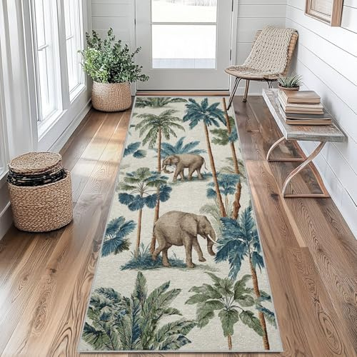 Elephant Runner Rug 60 x 240 cm Long Washable, Palm Tree Runner Rug for Hallway Non Slip Carpet, Kitchen Entryway Hall Bedroom Decor, Soft Low Pile Bo&d112