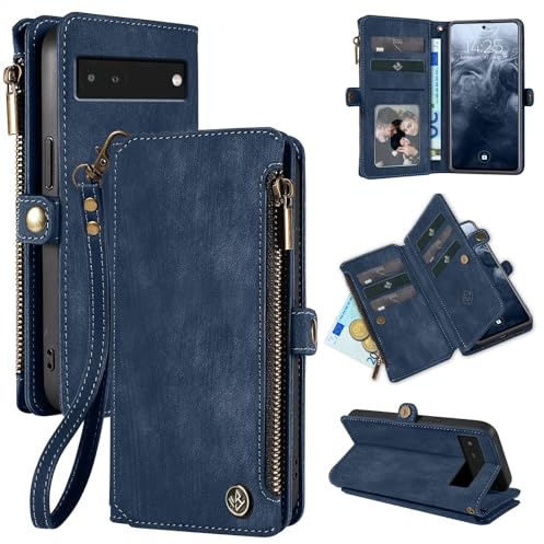 LBH Handy Hülle für Google Pixel 7a Klapphülle RFID Schutz Wallet Geldbeutel Geldbörse Cover Case Flipcase Kartenfächer Geldfach Münzfach Blau