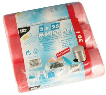 Hygiene Artikel 75 Müllbeutel zum Zuziehen, HDPE 30l 70 cm x 55 cm rot