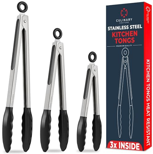 Kitchen Tongs - 12, 9 & 7 Inch Locking Silicone Tongs for Cooking, Set of 3