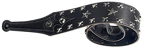 YUEKO Gitarrengurt aus Rindsleder, verstellbar, genarbtes Leder, gepolsterter Schultergurt für Akustik-, E-Gitarre, Bass, Schwarzes Pentagramm, 6-7.5cm width
