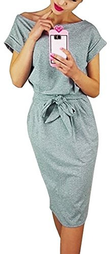 Minetom Sommerkleid Damen Lose Abendkleid Einfarbig Knie Lang Kleider Frauen Elegant Kurzarm Taschen Casual Swing T-Shirt Kleid Strandkleid mit Gürtel Grau DE 42