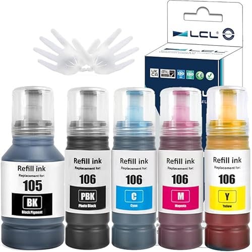 LCL 105 106 High Capacity Ink Bottle Replacement for Epson EcoTank 105 106 Ink Refill Bottle Multipack Compatible with Epson EcoTank L7160 L7180 ET-7700 ET-7750 Printers (5 Pack)