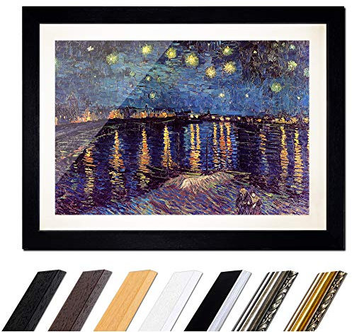 Bild mit Rahmen - Vincent van Gogh Sternennacht über der Rhône 60x40 cm ca. A2 - Gerahmter Kunstdruck inkl. Galerie Passepartout Alte Meister - Rahmen schwarz
