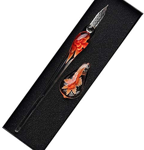 SIPLIV Handgefertigter Intarsien-Federhalter aus Kristallglas, Füllfederhalter, Kalligraphie-Set, Vintage, Unterschriften, mit Stifthalter, für Weihnachten, Geburtstag, Orange