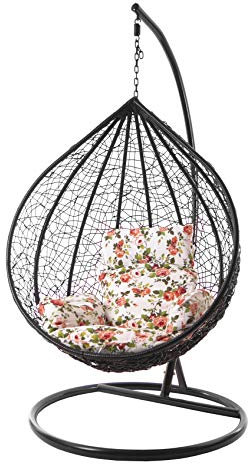 KIDEO Komplettset: großer Hängesessel mit Gestell & Kissen, Korbsessel, Poly-Rattan (Korb & Gestell: schwarz, Kissen: Blumenmuster Nest (3761 Roses))
