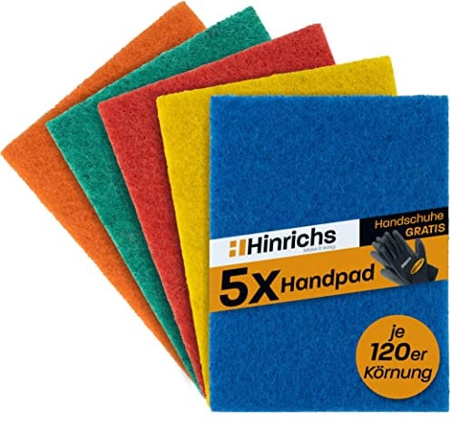 Hinrichs 5x Schleifvlies 120er Körnung – Schleifschwamm in 5 Farben - jede Farbe 120er Körnung - Schleifpapier für Holz, grobes entrosten & Reinigungen – Schmirgelpapier - Schleifpads inkl. Handschuhe