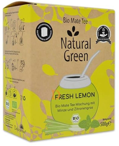 DELICATINO BIO Mate Tee FRESH LEMON - Natural Green - 500g Mate Tee Mischung ohne Pulver - Mit Minze und Zitronengras