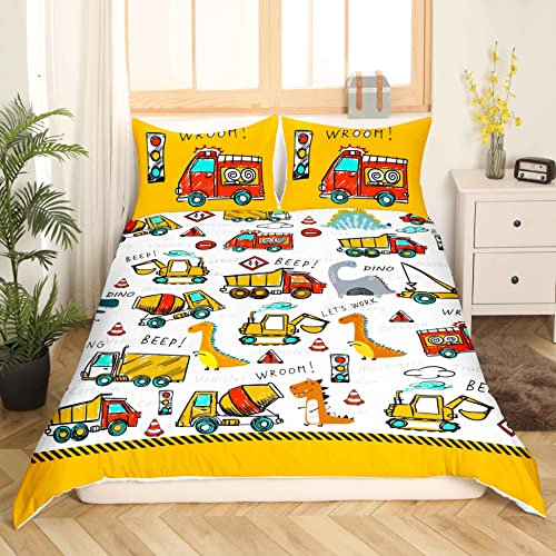 Enfants Construction Housse de Couette Mignon Dessin Animé Dinosaure Parure de Lit 220x240cm pour Tout-Petit Équipement Camions Pelles Voiture Parure Housse de Couette Machinery Camion Dino Decor