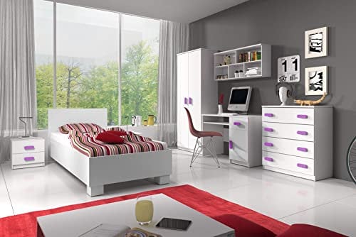 Fabryka Mebli Idźczak Kinderzimmer-Set Jonas I 01 - Schrank, Bett, Wandregal, Kommode, Schreibtisch, Nachttisch - Kleiderschrank - Skandinavischer Stil, Modern Design - Weiß/Heidekraut