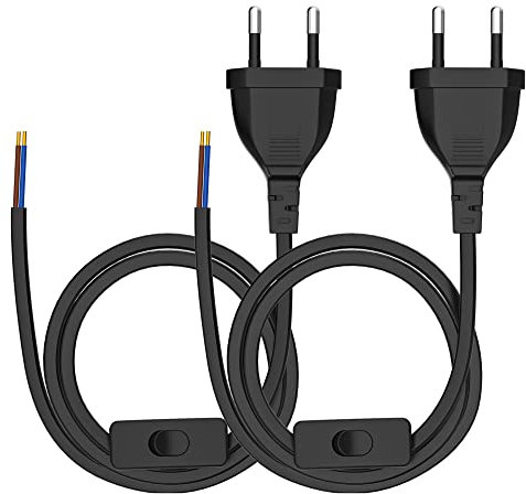 Euro Netzkabel mit Schalter [2 Stück], 3 Meter Euro Stecker Stromkabel, 2 X Ersatzkabel Anschlusskabel mit Schalter Typ C, 2 x 0,75 mm², für Leuchten, Lampen, Leuchtmittel, Schwarz