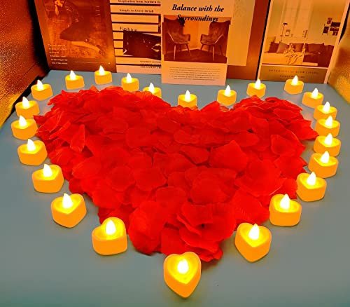 Proyatech LED Candles 24 Packs Flameless Tea Lights with 1000 Packs Artificial Rose Petals for Wedding Romantic Night Valentine's Day Decor(Warm